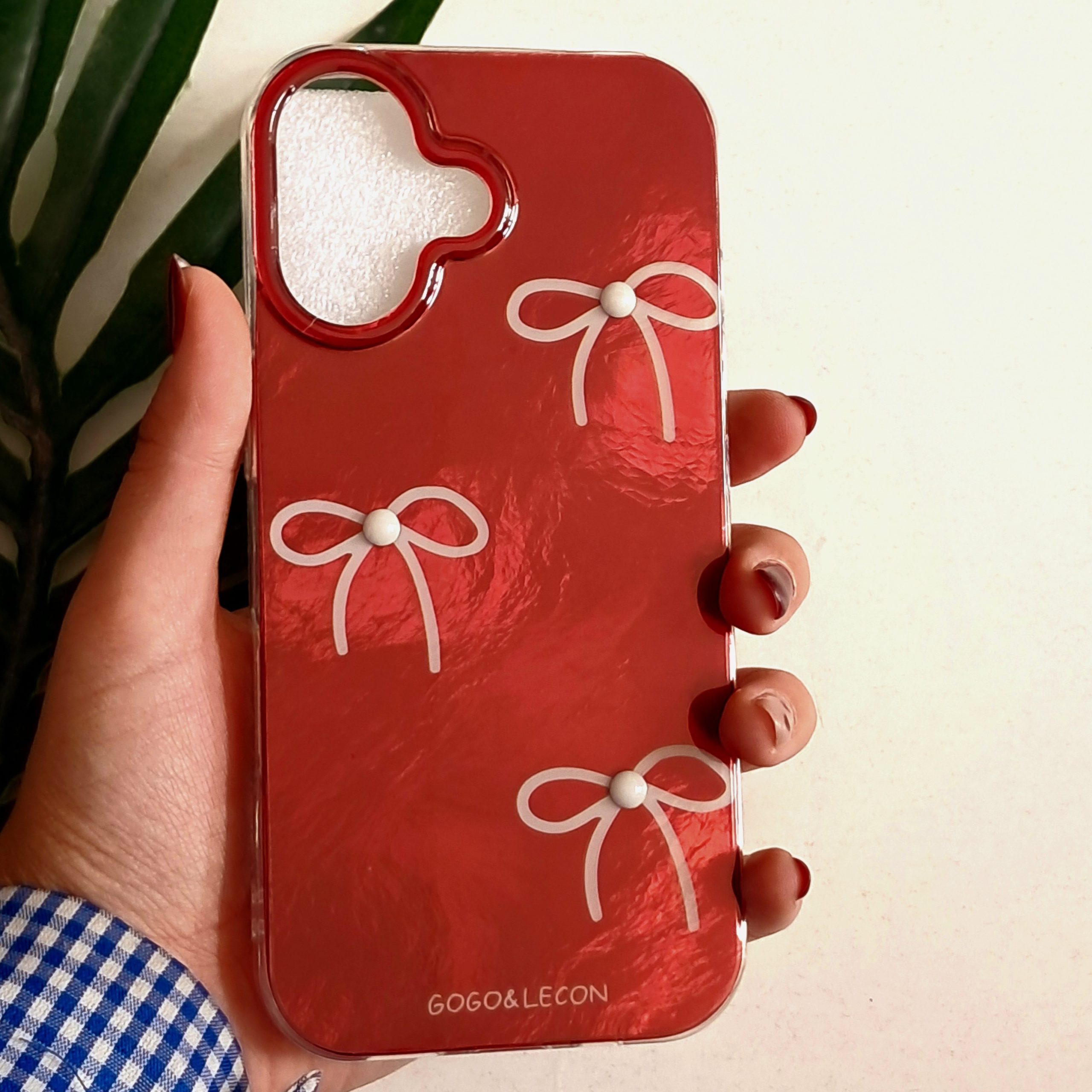 گارد گوشی آیفون 17 نرمال مدل براق طرح پاپیون نگین دار رنگ قرمز Iphone 17 کاور و محافظ موبایل