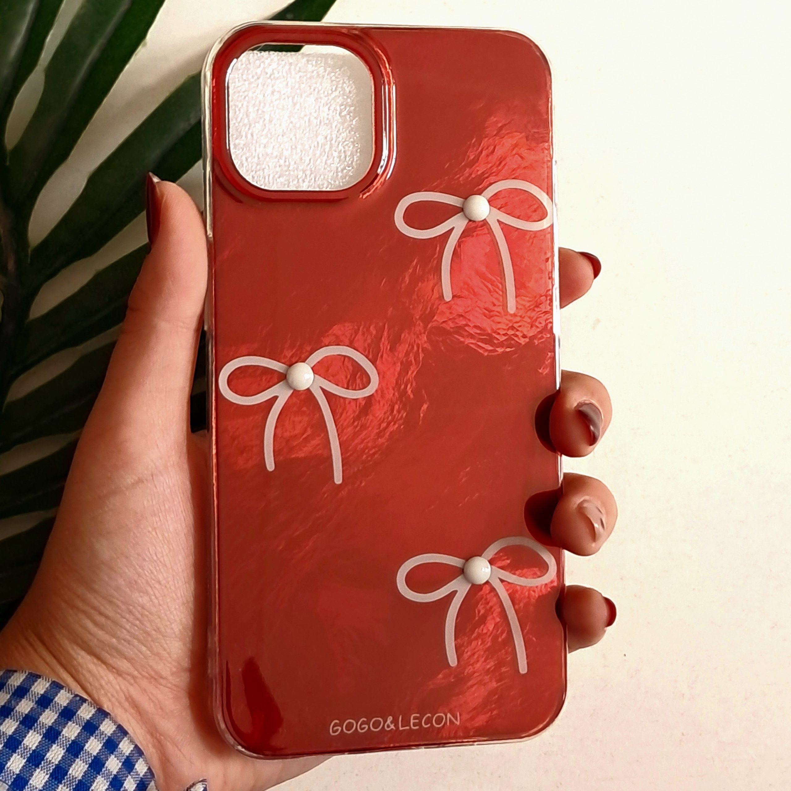 گارد گوشی آیفون 13 نرمال مدل براق طرح پاپیون نگین دار رنگ قرمز Iphone 13 کاور و محافظ موبایل