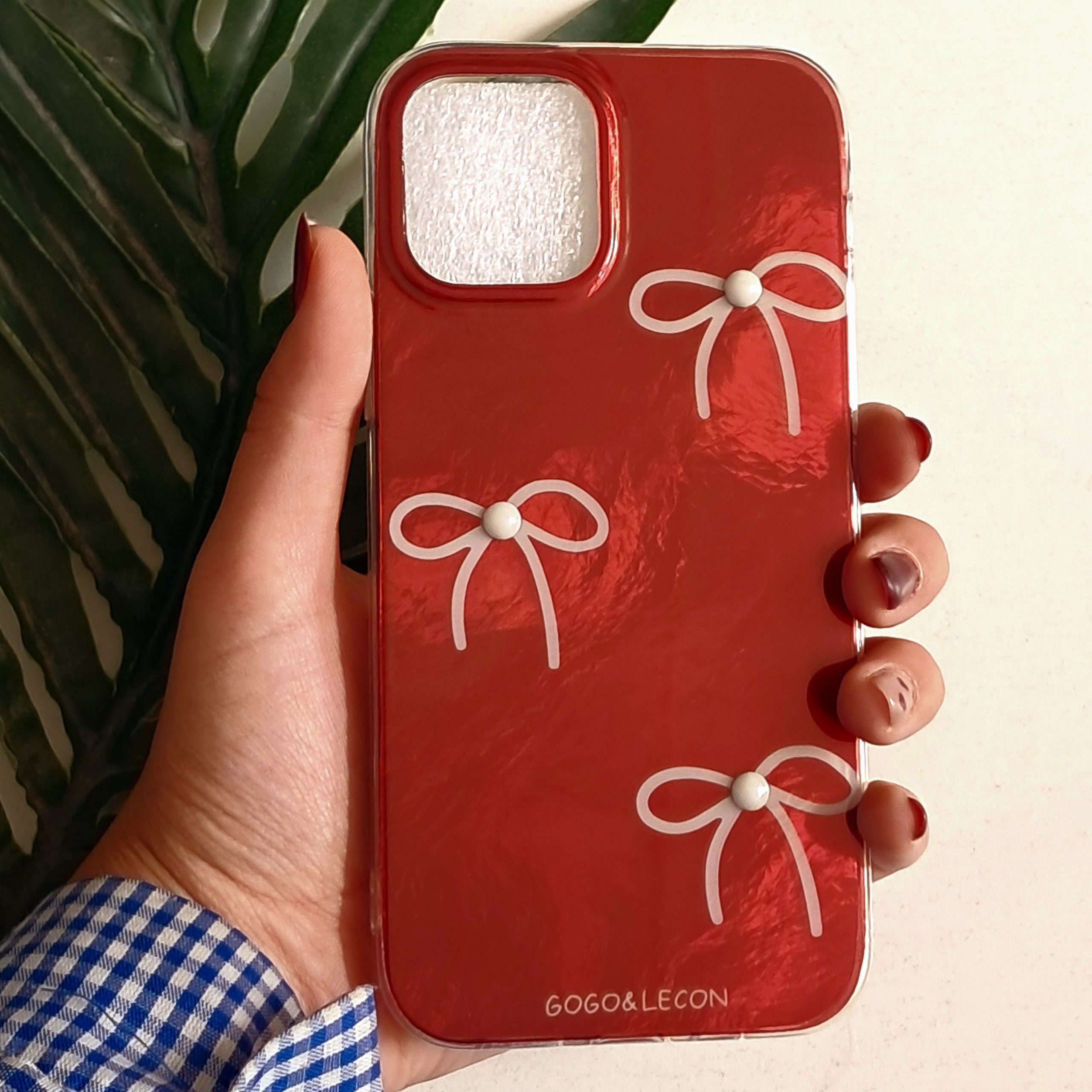 گارد گوشی آیفون 12 نرمال مدل براق طرح پاپیون نگین دار رنگ قرمز Iphone 12 کاور و محافظ موبایل